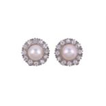 A PAIR OF CULTURED PEARL AND DIAMOND EAR CLIPS