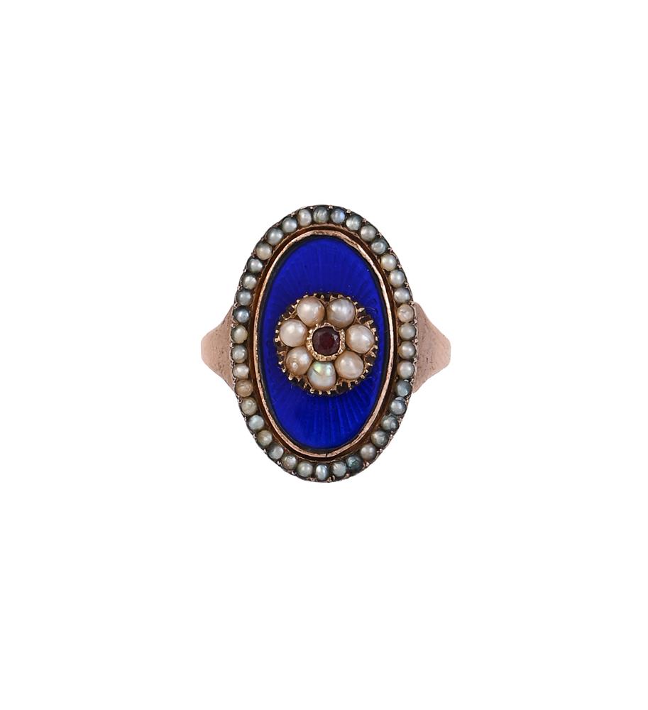 A SEED PEARL, ENAMEL AND GARNET PANEL RING