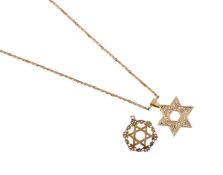 TWO STAR OF DAVID PENDANTS AND A GOLD FANCY LINK CHAIN