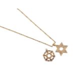 TWO STAR OF DAVID PENDANTS AND A GOLD FANCY LINK CHAIN