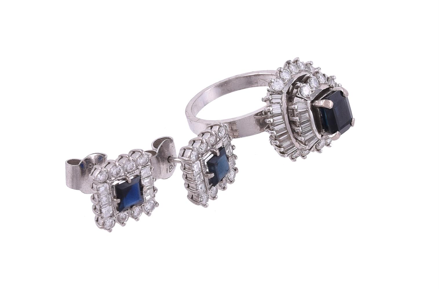 A PAIR OF DIAMOND AND SAPPHIRE CLUSTER EARRINGS AND RING, CIRCA 1970 - Image 2 of 2