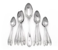 A SWEDISH SILVER SET OF SEVEN TABLE SPOONS AND FIVE DESSERT SPOONS