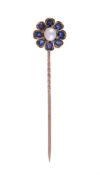 AN ANTIQUE AND LATER SAPPHIRE, PEARL AND DIAMOND FLOWER HEAD STICK PIN