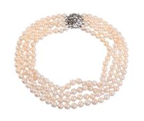 A FOUR ROW CULTURED PEARL AND DIAMOND NECKLACE