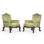A PAIR OF MAHOGANY AND SILK DAMASK UPHOLSTERED ARMCHAIRS, MID 19TH CENTURY