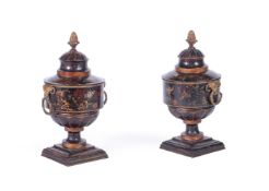 A PAIR OF TOLEWARE LIDDED URNS, PROBABLY ITALIAN, LATE 19TH CENTURY