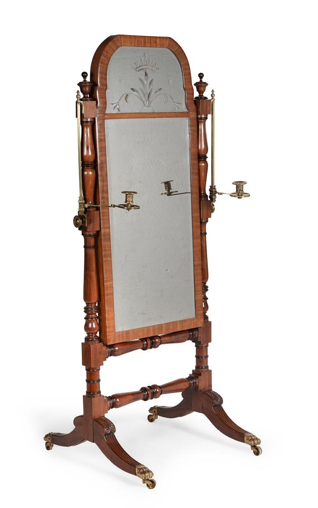 A REGENCY MAHOGANY AND EBONISED CHEVAL MIRROR, IN THE MANNER OF GILLOWS, CIRCA 1815