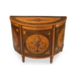 Y A VICTORIAN MAHOGANY, SATINWOOD AND POLYCHROME PAINTED SEMI ELLIPTICAL COMMODE, LATE 19TH CENTURY