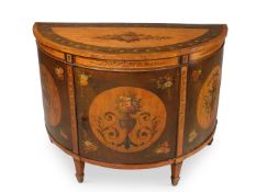 Y A VICTORIAN MAHOGANY, SATINWOOD AND POLYCHROME PAINTED SEMI ELLIPTICAL COMMODE, LATE 19TH CENTURY
