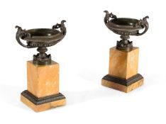 A PAIR OF 'GRAND TOUR' BRONZE AND SIENA MARBLE URNS, ITALIAN, MID/LATE 19TH CENTURY