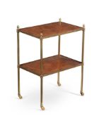 A BURR WALNUT AND GILT BRASS TWO-TIER ETAGERE ALMOST, CERTAINLY BY MALLETTS, 20TH CENTURY