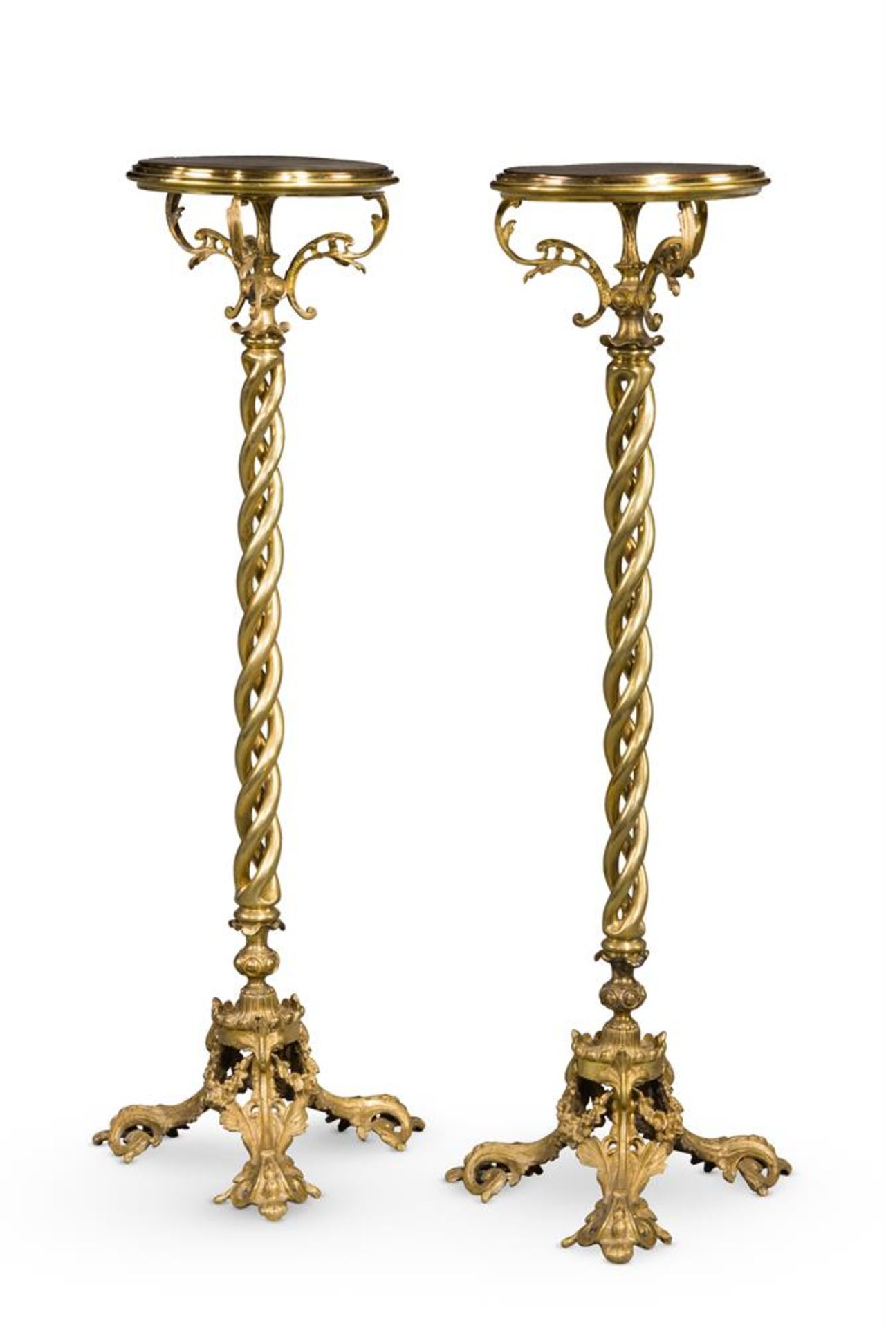 A PAIR OF GILT METAL AND BRASS TORCHERES, LATE 19TH CENTURY
