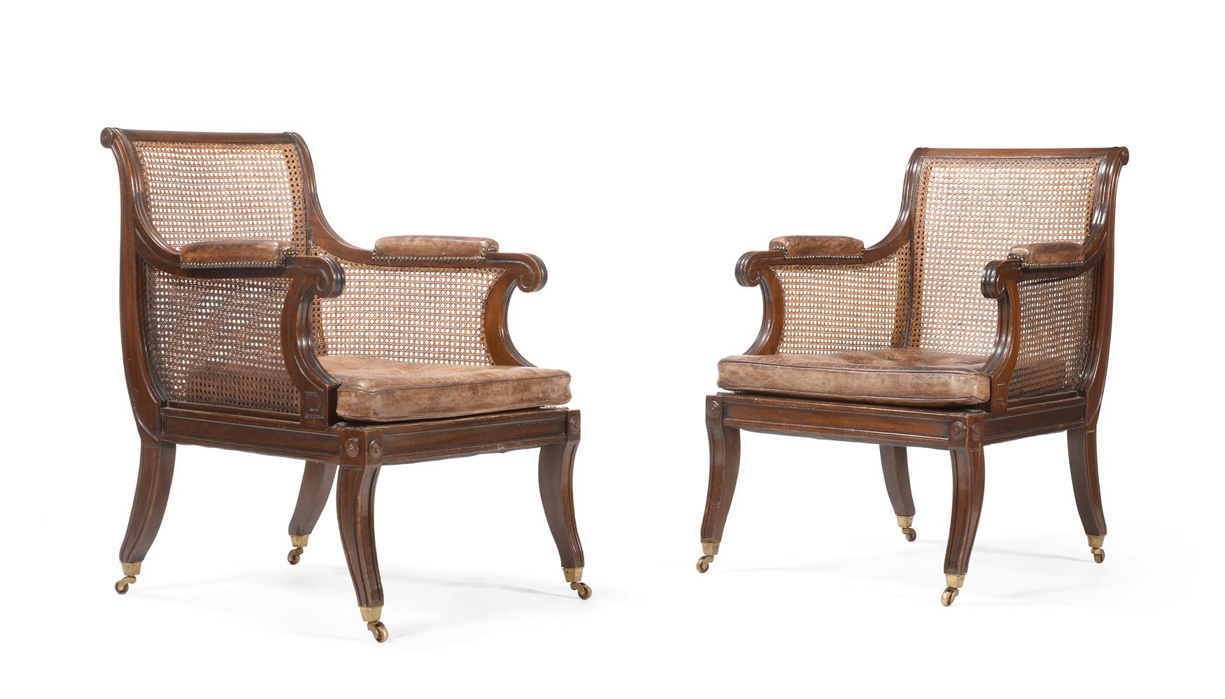 A PAIR OF MAHOGANY LIBRARY BERGERE ARMCHAIRS, IN REGENCY STYLE, 20TH CENTURY - Image 2 of 6
