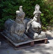 A PAIR OF COMPOSITION STONE SPHINXES ON PEDESTAL BASES, AFTER AUSTIN & SEELEY, 20TH CENTURY