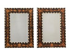 Y A PAIR OF ITALIAN EBONISED, SPECIMEN MARQUETRY AND IVORY INLAID MIRRORS, MID 19TH CENTURY
