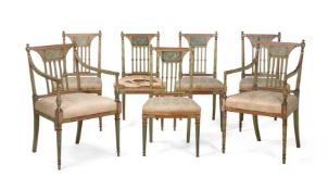 A SET OF SEVEN GEORGE III POLYCHROME PAINTED DINING CHAIRS, IN THE MANNER OF GILLOWS, CIRCA 1810