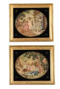 A PAIR OF LATE GEORGE III FRAMED SILKWORKS DEPICTING FIGURES IN PASTORAL SETTINGS, EARLY 19TH CENTUR