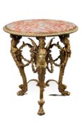 A GILT METAL AND MARBLE TOPPED FIGURAL CENTRE TABLE, LATE 19TH/EARLY 20TH CENTURY