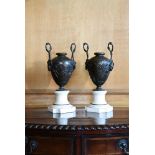 A PAIR OF PATINATED BRONZE AND MARBLE URN SHAPED VASES, LATE 19TH CENTURY