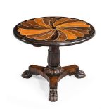 Y A CEYLONESE MACASAR EBONY AND SPECIMEN WOOD MARQUETRY TABLE TOP, 19TH CENTURY