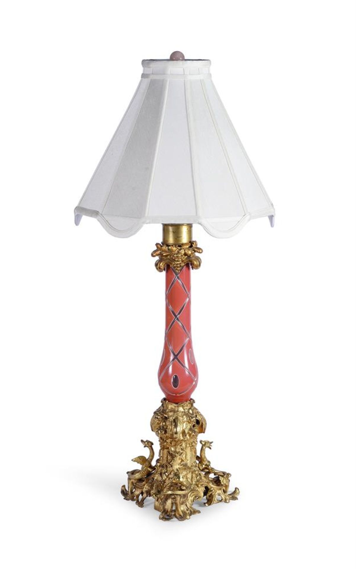 VICTORIAN ORMOLU MOUNTED CUT CASED GLASS LAMP BASE, LATE 19TH CENTURY