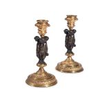 A PAIR OF FRENCH GILT AND PATINATED FIGURAL CANDLESTICKS, LATE 19TH CENTURY