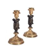 A PAIR OF FRENCH GILT AND PATINATED FIGURAL CANDLESTICKS, LATE 19TH CENTURY