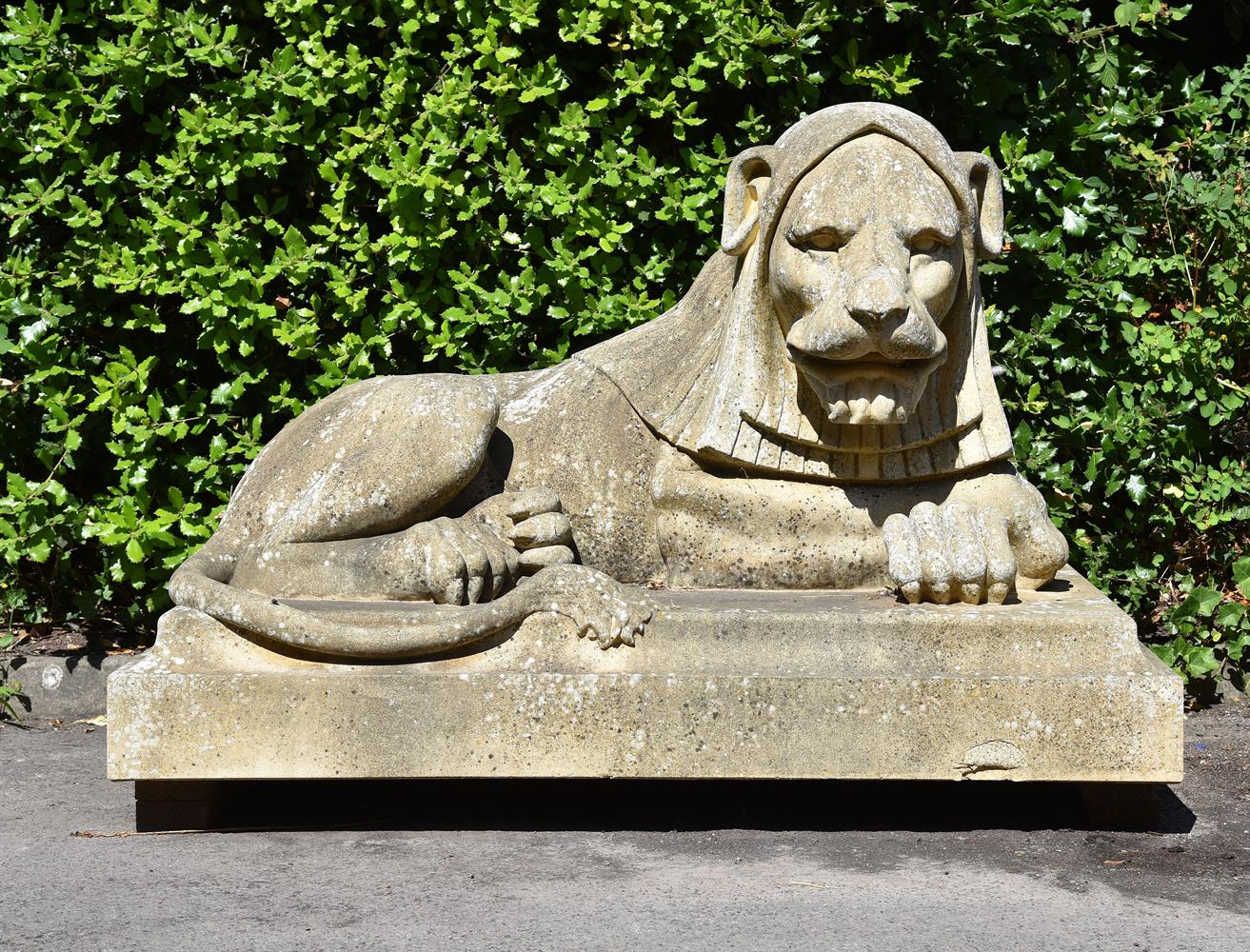 A PAIR OF LARGE COMPOSITION STONE LIONS, IN THE MANNER OF THE HADDONSTONE LEAZES PARK LIONS, MODERN - Image 2 of 3
