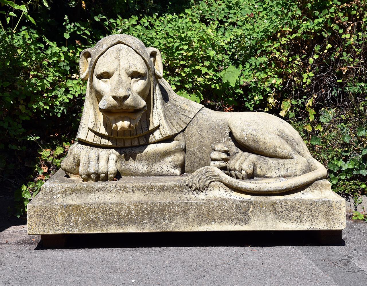 A PAIR OF LARGE COMPOSITION STONE LIONS, IN THE MANNER OF THE HADDONSTONE LEAZES PARK LIONS, MODERN - Image 3 of 3