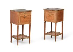 A PAIR OF FRENCH MAHOGANY, MARQUETRY AND ORMOLU MOUNTED BEDSIDE CABINETS, FIRST HALF 20TH CENTURY