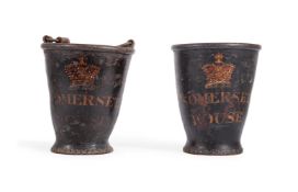 TWO GEORGE III LEATHER FIRE BUCKETS FROM SOMERSET HOUSE, LATE 18TH/EARLY 19TH CENTURY