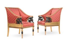 A PAIR OF GILTWOOD AND EBONISED ARMCHAIRS, IN EMPIRE STYLE, LATE 19TH OR 20TH CENTURY