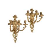 A PAIR OF FRENCH GILT METAL THREE-LIGHT WALL APPLIQUES, LATE 19TH CENTURY