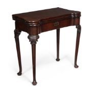 AN IRISH GEORGE II MAHOGANY TRIPLE-FOLD CARD AND TEA TABLE, MID 18TH CENTURY