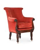 Y A REGENCY ROSEWOOD AND UPHOLSTERED LIBRARY ARMCHAIR, CIRCA 1820