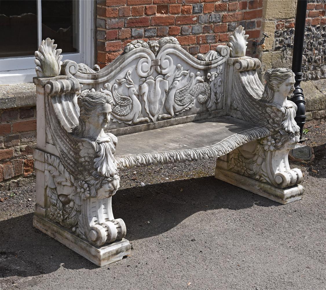 A PAIR OF CARVED WHITE MARBLE GARDEN BENCHES, IN RENAISSANCE STYLE, LATE 20TH CENTURY - Image 3 of 3