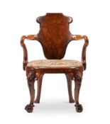 A WILLIAM IV YEW AND BURR YEW ARMCHAIR, IN GEORGE II STYLE, ATTRIBUTED TO GILLOWS, CIRCA 1830