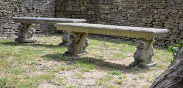 A CLOSELY MATCHED PAIR OF CARVED MARBLE BENCHES, SECOND HALF 19TH CENTURY AND LATER