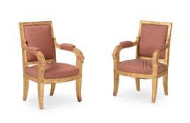 A PAIR OF FRENCH GILTWOOD OPEN ARMCHAIRS, IN THE MANNER OF PERCIER & FONTAINE, EARLY 19TH CENTURY