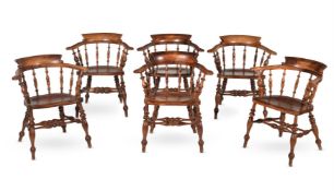 A SET OF SIX VICTORIAN WALNUT LOW-BACK WINDSOR ARMCHAIRS, SECOND HALF 19TH CENTURY