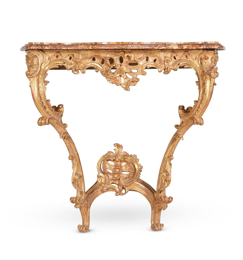 A PAIR OF LOUIS XV CARVED GILTWOOD CONSOLE TABLES, MID 18TH CENTURY - Image 6 of 10