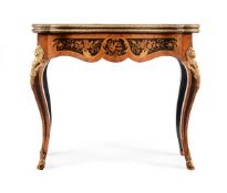 Y A TULIPWOOD, MARQUETRY AND GILT METAL MOUNTED FOLDING CARD TABLE, LATE 19TH CENTURY