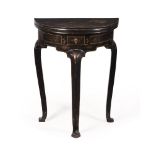 A BLACK JAPANNED SEMI-ELLIPTICAL CARD TABLE, IN QUEEN ANNE STYLE