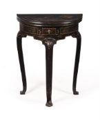 A BLACK JAPANNED SEMI-ELLIPTICAL CARD TABLE, IN QUEEN ANNE STYLE