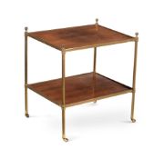 Y A ROSEWOOD AND GILT BRASS TWO-TIER ETAGERE, ALMOST CERTAINLY BY MALLETTS, 20TH CENTURY