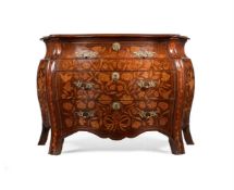 A DUTCH MAHOGANY AND FLORAL MARQUETRY BOMBE COMMODE, IN 18TH CENTURY STYLE