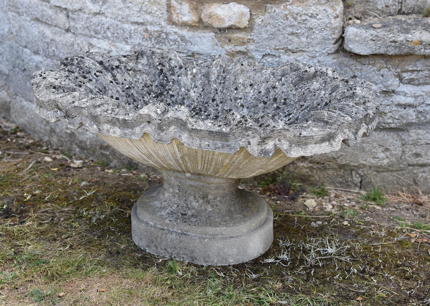 TWO SIMILAR COMPOSITION STONE PEDESTAL SHALLOW URNS, LATE 20TH CENTURY - Image 2 of 4