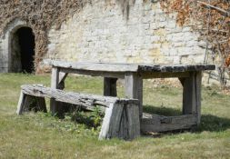 A WEATHERED 'SLEEPER' WOOD GARDEN TABLE AND A BENCH, 20TH CENTURY