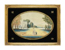 A GEORGE III FRAMED SILKWORK DEPICTING FIGURES IN FRONT OF STRAWBERRY HILL HOUSE, LATE 18TH CENTURY