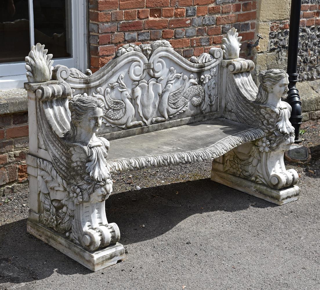 A PAIR OF CARVED WHITE MARBLE GARDEN BENCHES, IN RENAISSANCE STYLE, LATE 20TH CENTURY - Image 2 of 3